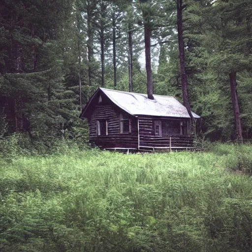 Image similar to an eerie cabin in the middle of the woods,