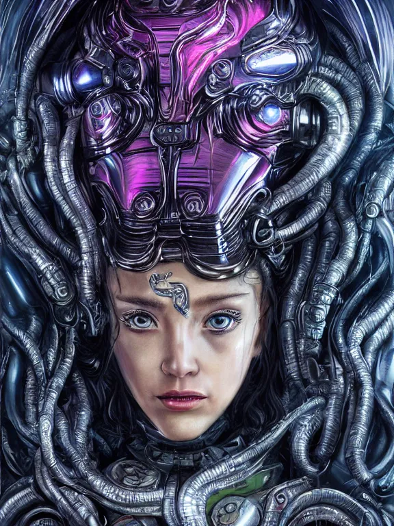 Image similar to portrait art of 8k ultra realistic retro futuristic Medusa , galaxy reflected helmet , detailed intricate ornate armour,eldritch horror,blade runner, cybernetic, full of colour, cinematic lighting, battered, trending on artstation, 4k, hyperrealistic, focused, extreme details,unreal engine 5, cinematic, masterpiece, art by ayami kojima, giger