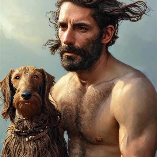 Prompt: portrait of a rugged greek god with the head of a wirehaired dachshung, salt and pepper hair, soft hair, d & d, muscular, fantasy, intricate, elegant, highly detailed, digital painting, artstation, concept art, smooth, sharp focus, illustration, art by artgerm and greg rutkowski and alphonse mucha