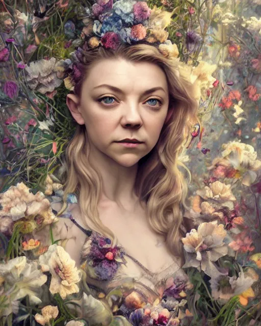 Image similar to portrait of natalie dormer, surrounded by flowers by karol bak, james jean, tom bagshaw, rococo, sharp focus, trending on artstation, cinematic lighting, hyper realism, octane render, 8 k, hyper detailed.