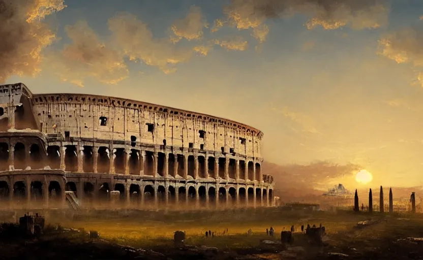 Image similar to painting of skyline of rome colloseum at sunset, natural light, concept art, by greg rutkowski, cozy atmospheric and cinematic lighting