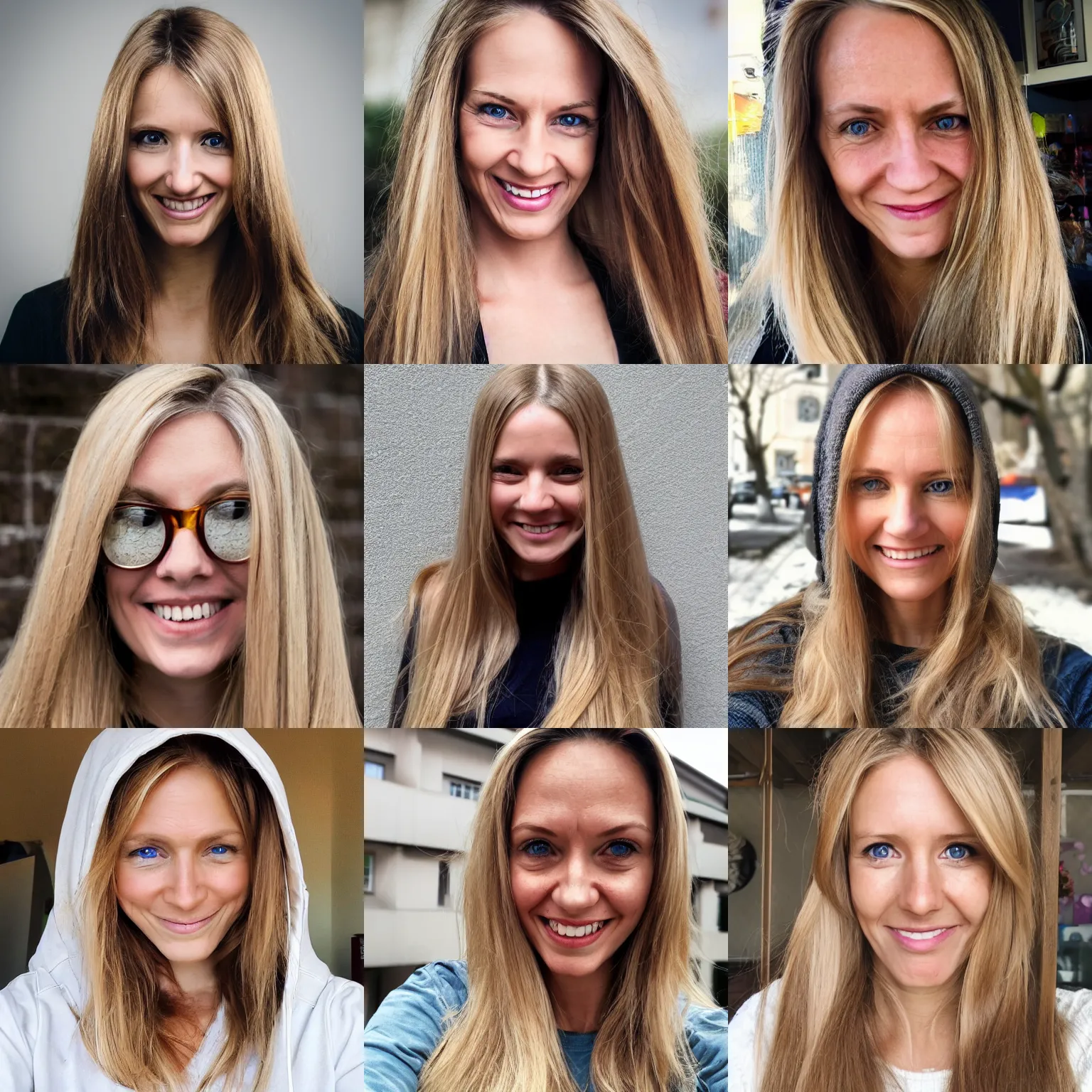 Prompt: portrait of a woman, 3 0, symmetric, blond brown long hair, smile, facebook profile picture, thin nose, short face, visible pores, natural look, average, dimples, caucasian, hooded eyes, outward slanted eyes