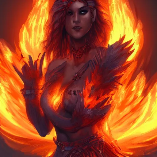 Prompt: fire goddess, skin of flames, body made of fire, wearing armor, rampaging, stormy background, forest fire, breathing fire, fire in hand, concept art, tiny person watching, artstation, 4k