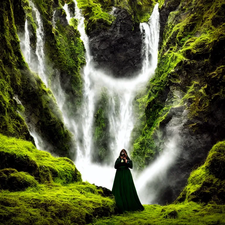 Prompt: dark and moody 1 9 8 0's artistic color spaghetti western film, a woman in a giant billowing wide long flowing waving shining bright white dress, standing inside a green mossy irish rocky scenic landscape, huge waterfall, volumetric lighting, backlit, atmospheric, fog, extremely windy, soft focus