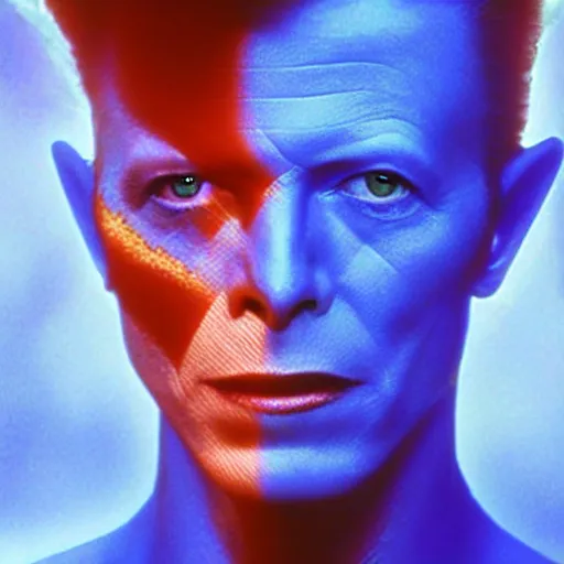 Image similar to film still of David Bowie as Dr. Manhattan in Watchmen, 4k