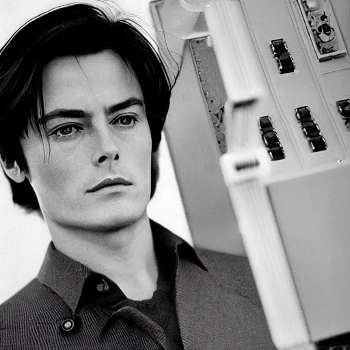 Image similar to stunning symmetrical portrait of alain delon in front of a tall moog synthesizer, high contrast grainy blank and white photography print ilford warm tone, huge modular synthesizer!!!!!!!