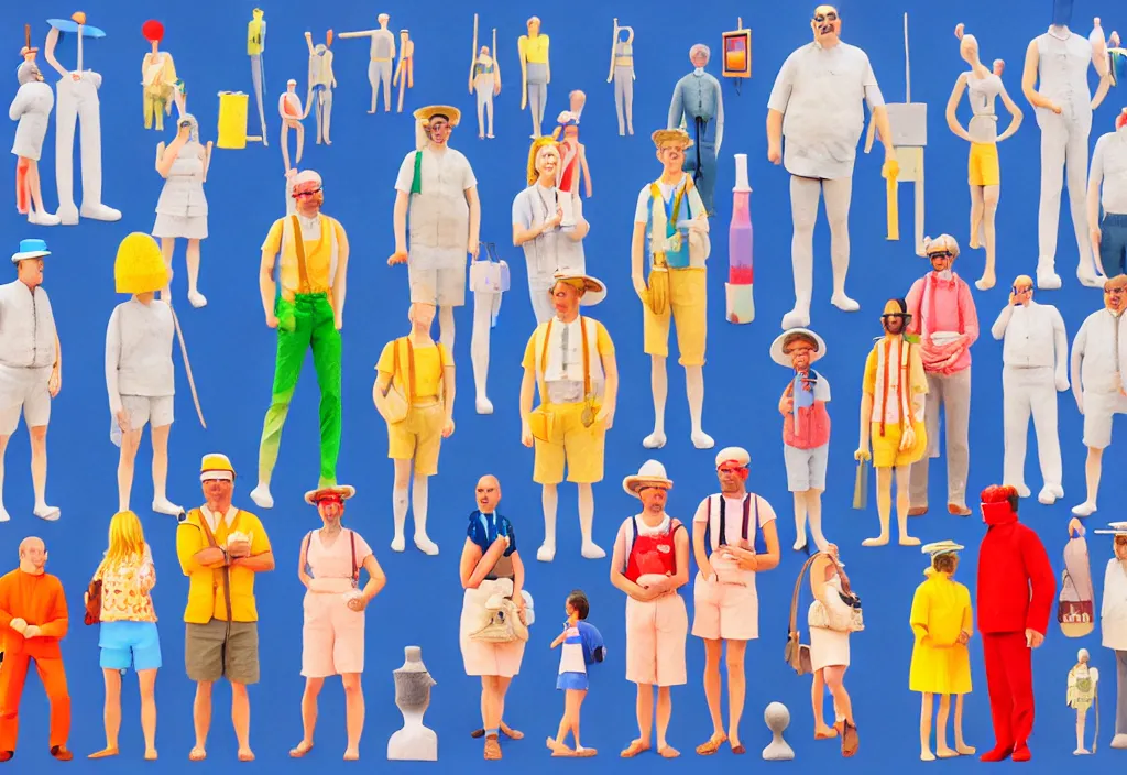 Image similar to full frame, a row of european tourists standing with a variety of poses and props, character designs, a collage painting, in the style of wes anderson, lola dupre, david hockney, isolated on negative white space background dark monochrome neon spraypaint accents volumetric octane render