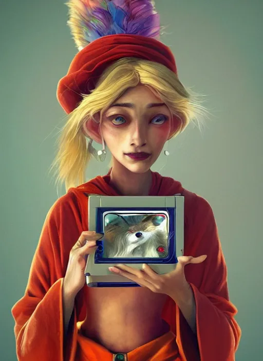 Prompt: an anthropomorphic beautiful goddess female wizard made of fox portrait holding a portable computer wearing colourful robe, fine art, award winning, intricate, elegant, sharp focus, octane render, hyperrealistic, cinematic lighting, highly detailed, digital painting, 8 k concept art, art by jamie hewlett and z. w. gu, masterpiece, trending on artstation, 8 k