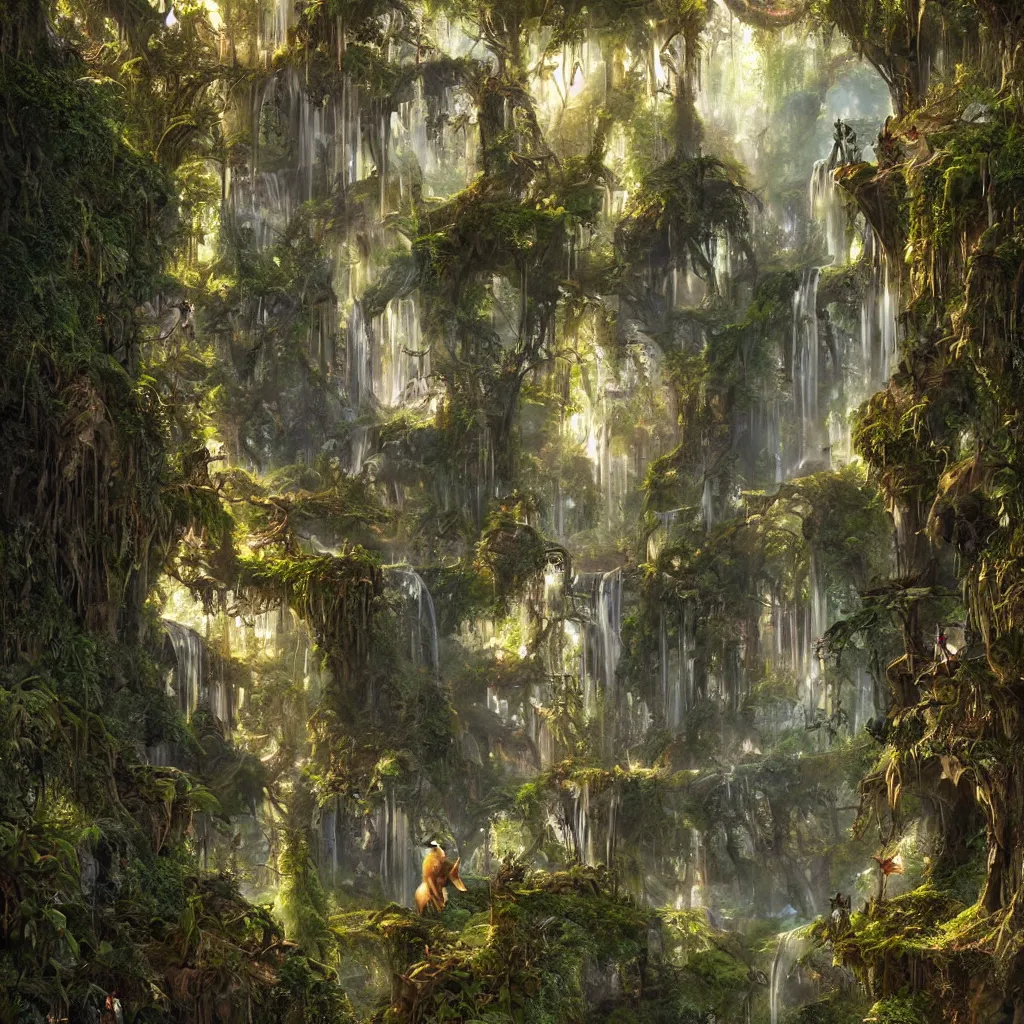 Image similar to fox in a fairy palace, castle towers, sunbeams, gothic towers, Japanese shrine waterfall, gold and gems, gnarly details, lush vegetation, forest landscape, painted by tom bagshaw, raphael lacoste, eddie mendoza, alex ross concept art matte painting