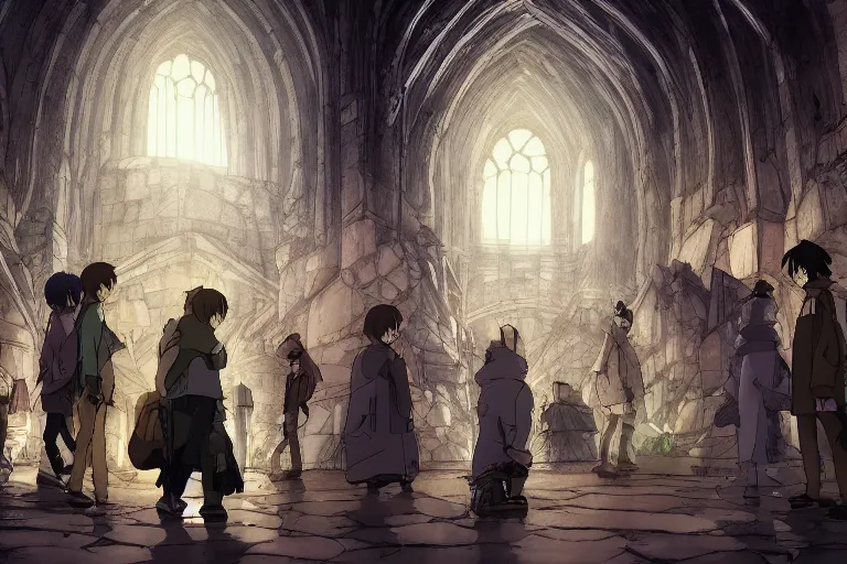 Image similar to cell shaded anime key visual of a group of eskimos in an underground gothic cathedral in the style of studio ghibli, moebius, makoto shinkai, dramatic lighting