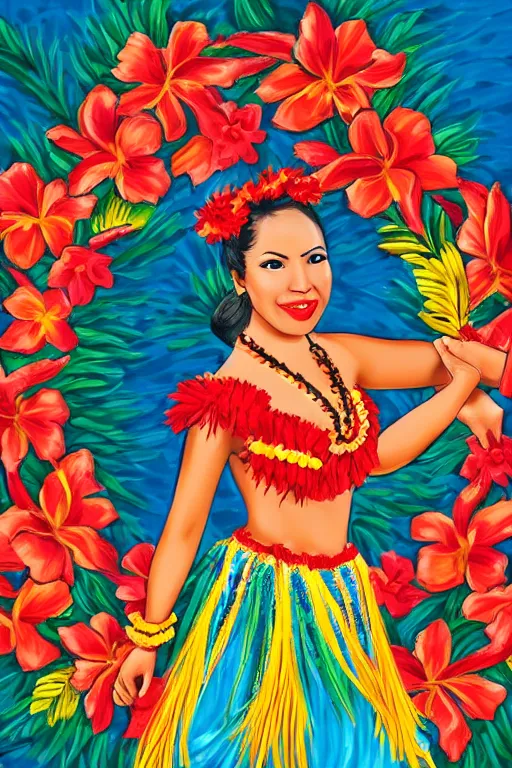 Image similar to traditional hawaiian hula dancer, high detail, beautiful background