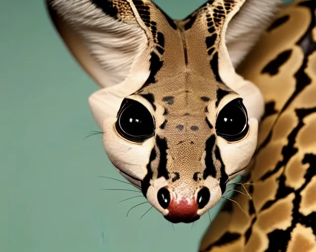 Image similar to an award winning photo of a serval - headed ball python, legless!!!!!!, environmental portrait photography, national geographic, 4 k, sharp focus