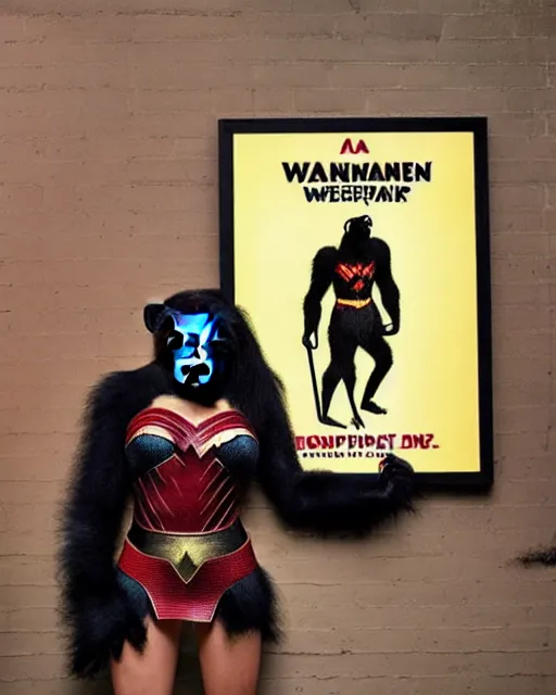 Prompt: a Chimpanzee dressed as Wonder Woman stands in front of a wanted poster for Super villain Gorilla Grodd, photographed in the style of Annie Leibovitz, photorealistic