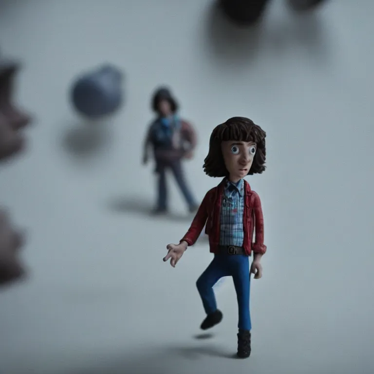 Image similar to a cinematic film still of a claymation stop motion film stranger things, portrait, shallow depth of field, 8 0 mm, f 1. 8