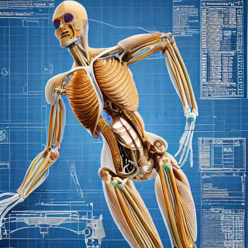 Image similar to detailed and intricate design of a full body of human anatomy, 3 d design, great finesse organic hyper detailed, engineering blueprints, technical drawings, calculus, stained paper, hyperrealistic, ultra detailed, 4 k, octane render, unreal engine