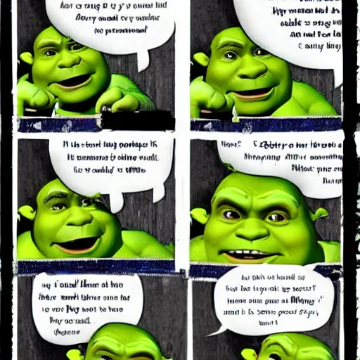 Image similar to Shrek is really angry and he's screaming. His swamp and shack house is burning down. Tears are coming out of his eyes.