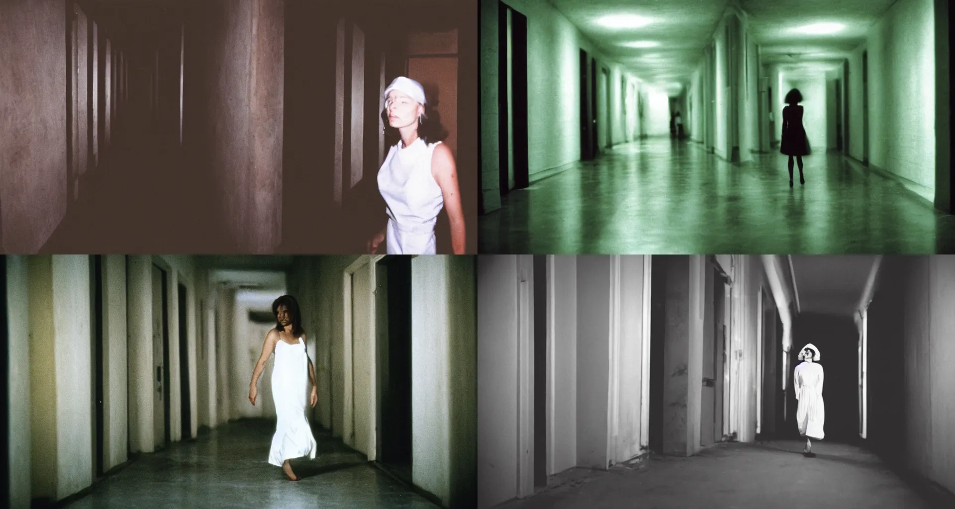Prompt: 90's professional color photograph, A beautiful woman in white is walking on dark scary hallway at night, Close up
