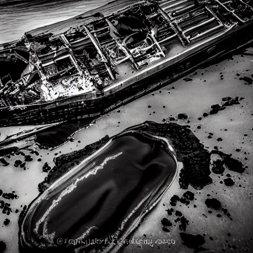 Image similar to crashed cargo ship leaking mysterious black gooey liquid, mysterious black slime, black gooey liquid leaking out of crashed cargo ship, apocalyptic, ruined, container ship, crashed, 8 5 mm f / 1. 4