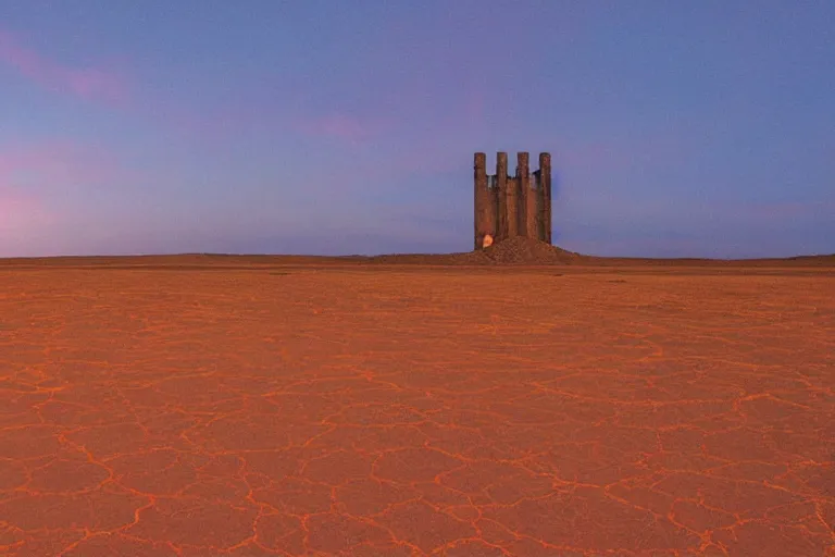 Prompt: very dry ground, desert, cracked, big tower in the background, red sky, fire in the background, award - winning, ethereal, dreamy, realistic