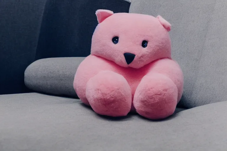 Prompt: a high quality photo of a pink chubby stuffed animal with dark blue shirt sitting on a couch, kangaroo, light gray triangle in face, full body, wide angle, an ultrafine detailed photo, trending on artstation, perfect symmetrical face, sharp focus, masterpiece