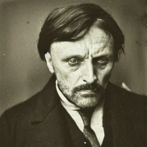 Prompt: headshot edwardian photograph of anthony hopkins, mads mikkelsen, arthur shelby, terrifying, scariest looking man alive, 1 8 9 0 s, london gang member, intimidating, fearsome, realistic face, peaky blinders, 1 9 0 0 s photography, 1 9 1 0 s, grainy, blurry, very faded, victorian