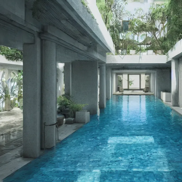 Image similar to a room with a pool in the middle of it, a digital rendering by ricardo bofill, featured on cg society, hypermodernism, vray tracing, rendered in unreal engine, liminal space