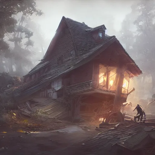 Prompt: two husbands leave each other inside a big wooden broken house by Stanley Artgerm Lau, WLOP, Rossdraws, James Jean, Andrei Riabovitchev, Marc Simonetti, Yoshitaka Amano, ArtStation, CGSociety, highly detaild 4K, cinematic style, studio light