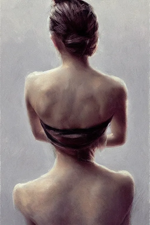 Image similar to girl with messy bun hairstyle, strapless top, back view,!!!!! tattoo sleeve!!!!! jeremy lipking, joseph todorovitch