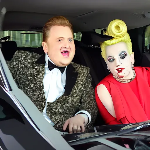 Image similar to carpool karaoke lady gaga and judy garland, highly realistic, highly detailed, high resolution, 8 k 4 k,