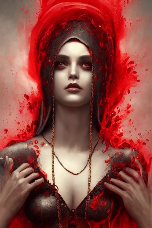 Prompt: Photorealistic and intricate detailed soft painting of a beautiful voluptuous female demonic nun in revealing religious dress, sensual gloomy style, soft painting, volumetric lighting, mist, chains dripping with red fluid background, artstation, Tom Bagshaw artstyle, unreal render, depth of field