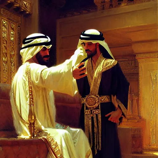 Image similar to attractive arab king confesses his love for his attractive male prince. highly detailed painting by gaston bussiere, craig mullins, j. c. leyendecker