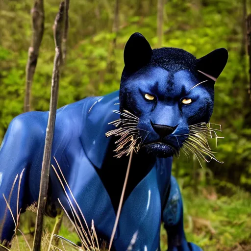 Image similar to nature photography picture of blue and black panther. blood drips from its mouth. a robot lays in a ditch in the background.