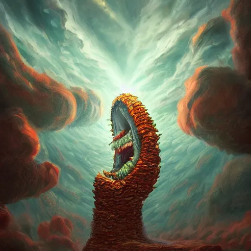 Image similar to giant mouth eats the earth, acrilic paint, digital, artstation, detailed intricate ink illustration, heavenly atmosphere, digital art, overdetailed art, concept art, complementing colors, trending on artstation, cgstudio, the most beautiful image ever created, dramatic, subtle, details, award winning artwork, beautiful scenery