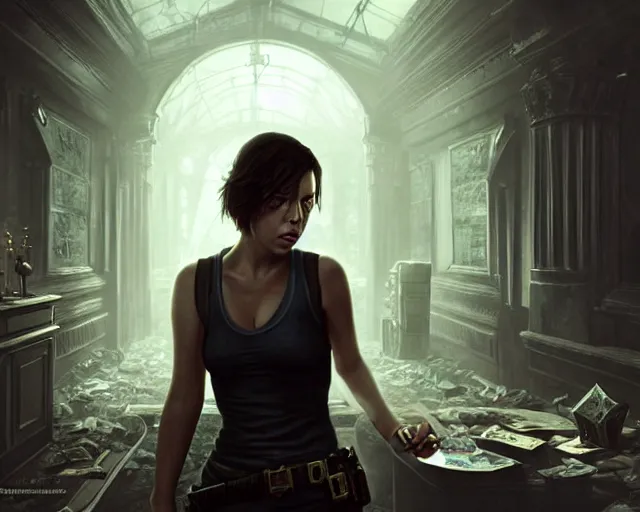 Image similar to a gaming screenshot still portrait of aubrey plaza in resident evil, deep focus, d & d, fantasy, intricate, elegant, highly detailed, digital painting, artstation, concept art, matte, sharp focus, illustration, dark fantasy style art, hearthstone, art by artgerm and greg rutkowski and alphonse mucha