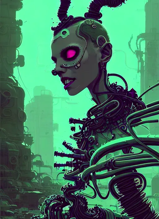 Image similar to highly detailed portrait of wasteland punk long caustic poison hair tribal lady, stray wiring by atey ghailan, james gilleard, by joe fenton, by greg rutkowski, by greg tocchini, by kaethe butcher, 4 k resolution, gradient green, purple, black and white color scheme!!! ( ( green flaming robotic sewer background ) )