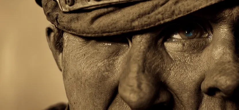 Image similar to horrified World War 1 soldier close-up, high contrast lighting, IMAX cinematic film still