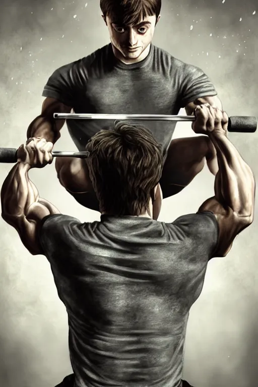 Image similar to highly detailed rendering of Daniel Radcliffe as Harry Potter doing barbell back squats, dingy workout gym, wearing a muscle tee shirt, muscular deep squats, symmetrical, highly detailed, digital painting, artstation, concept art, smooth, sharp focus, illustration, cinematic lighting, art by artgerm and greg rutkowski and alphonse mucha