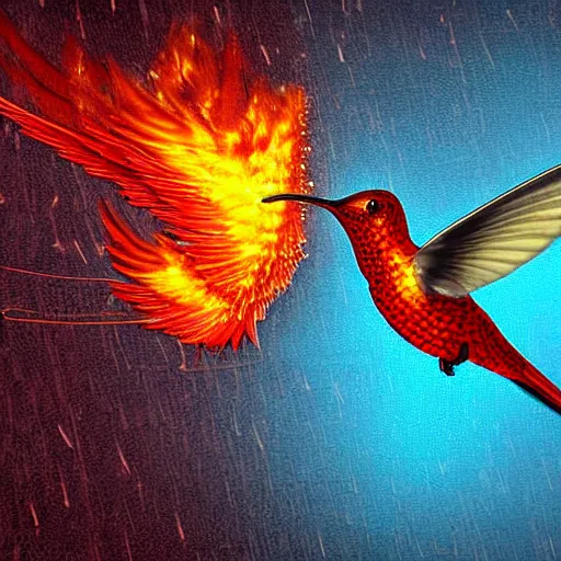 Image similar to a flaming fire hummingbird phoenix crying in the rain digital art cartoonish render raytracing