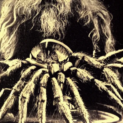 Prompt: robert wyatt sitting amongst big hairy spiders, robert wyatt album art style