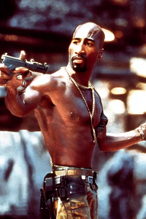 Image similar to film still of Tupac as John McClane in Die Hard, 4k