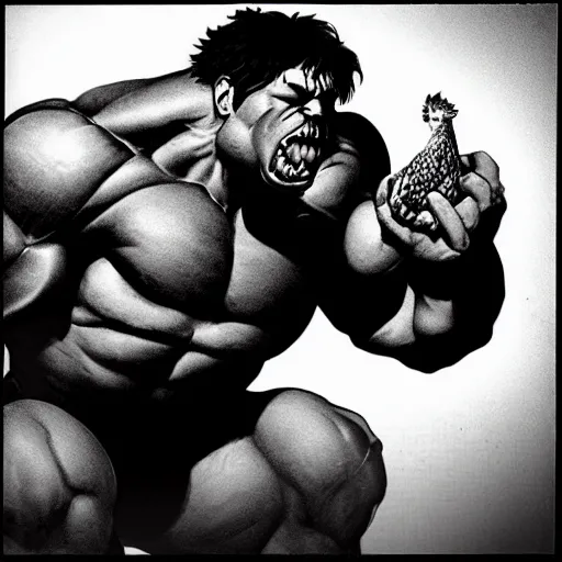 Prompt: old black and white photo of hulk eating a chicken, photorealistic, real
