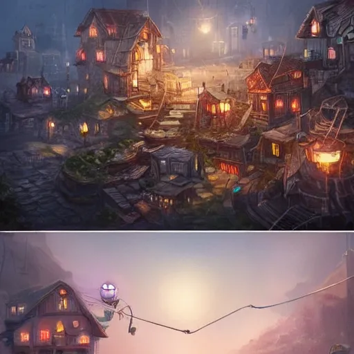 Image similar to a tiny miniscule town living on the thread of a spiders web, fantasy concept art, trending on art station, stunning visuals, creative, cinematic, ultra detailed