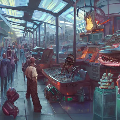 Image similar to alien market with alien vendors and shops, concept art, cinematic lighting, digital painting, artstation, cgsociety, Wayne Haag