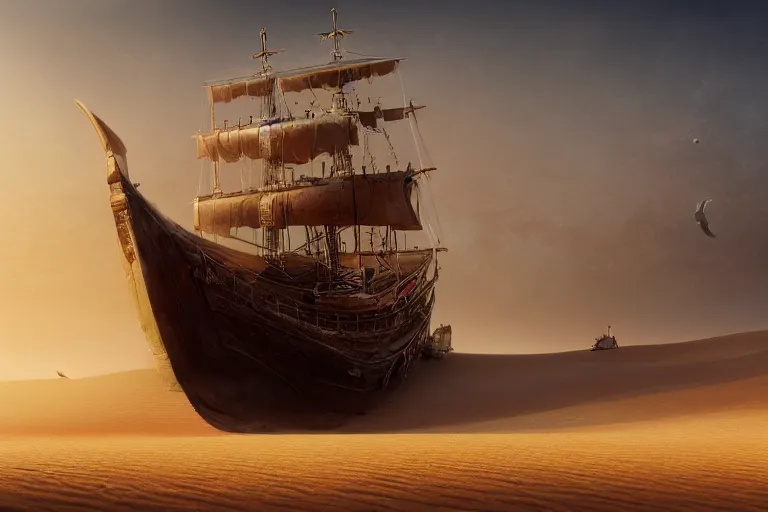 Image similar to a large ancient red pirate ship sailing the dunes in a vast arabian desert, by rutkowski, fantasy still movie, highly detailed, photorealistic, digital art, matte painting, hd illustration, trending on artstation