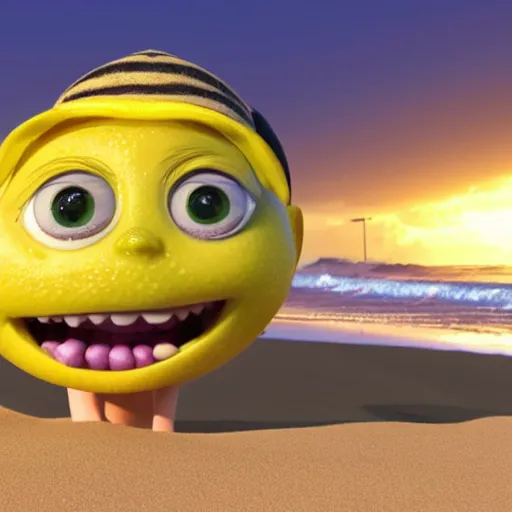 Image similar to 3 d octane render, of a hot anthropomorphic lemon female character inspired by the movie monsters inc, with lemon skin texture, she is wearing a hat, building a sandcastle on the beach at sunset, beach, huge waves, sun, clouds, long violet and green trees, rim light, cinematic photography, professional, sand, sandcastle, volumetric lightening