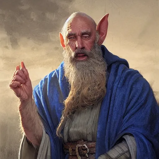 Prompt: A middle aged elf, wrinkled olive skin and a raised hand, long beard, blue robes with clocks on, detailed face, highly detailed, cinematic lighting, digital art painting by greg rutkowski.