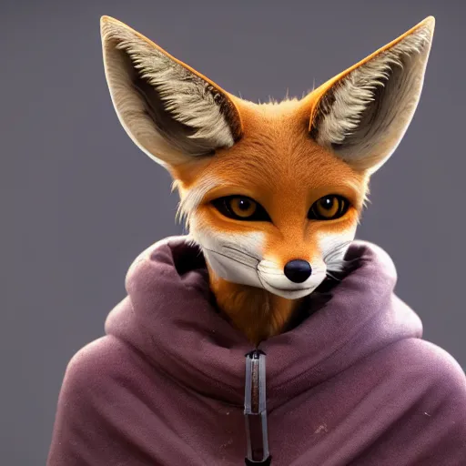 Prompt: a highly detailed portrait of a humanoid light brown fennec fox, with a white muzzle, bright orange eyes, in a purple cloak, artstation, DeviantArt, professional, octane render
