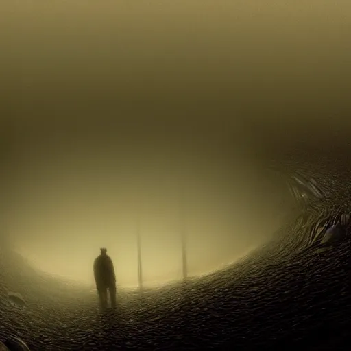 Image similar to through the fog small shiny pearls roll towards me, cinematic, concept art, by zdzislaw beksinski, by ivan aivazowsky, by h. r. giger, by moebius, intricate, volumetric light, dark atmosphere, dim light, psychedelic colors, smooth, depth perception, 4 k, unreal engine 5, ultradetailed, artstation