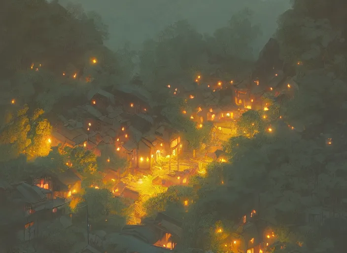 Image similar to concept art painting of a small woodland village at midnight, by a river in a mountain valley seen from above, night time, european japanese buildings, cel shaded, realistic, by makoto shinkai and moebius and anton fadeev and greg rutkowski and james gurney