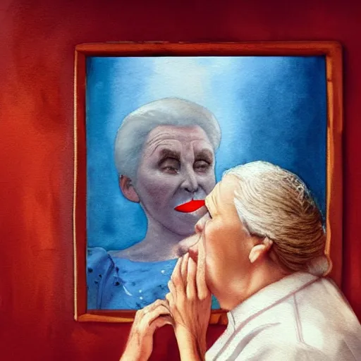 Prompt: a very funny stylize oil painting in cinematic style of a sweet fat old woman kissing her reflection. symmetry face, red mouth, blue eyes. flowery dress. hyper realistic scene. 3 d, octane render, deep focus, white scene. very funny and sweet image. unreal engine. watercolor. fellini style. poster quality. klee style.